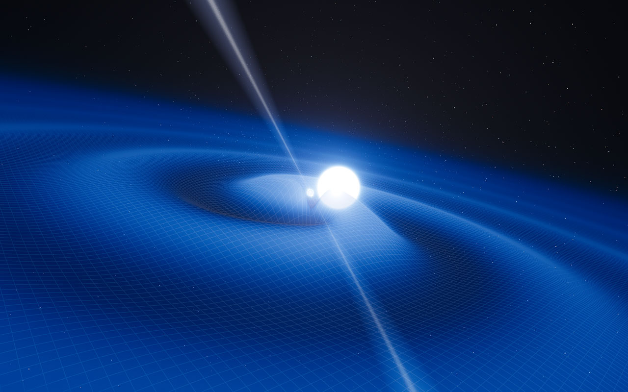 高速で自転している大質量のパルサー（中性子星、右）と、白色矮星（左）の想像図