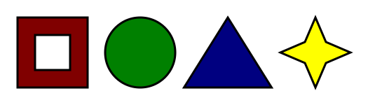 Four shapes are available: a red hollow box, a green circle, a blue triangle, and a yellow four-pointed star.